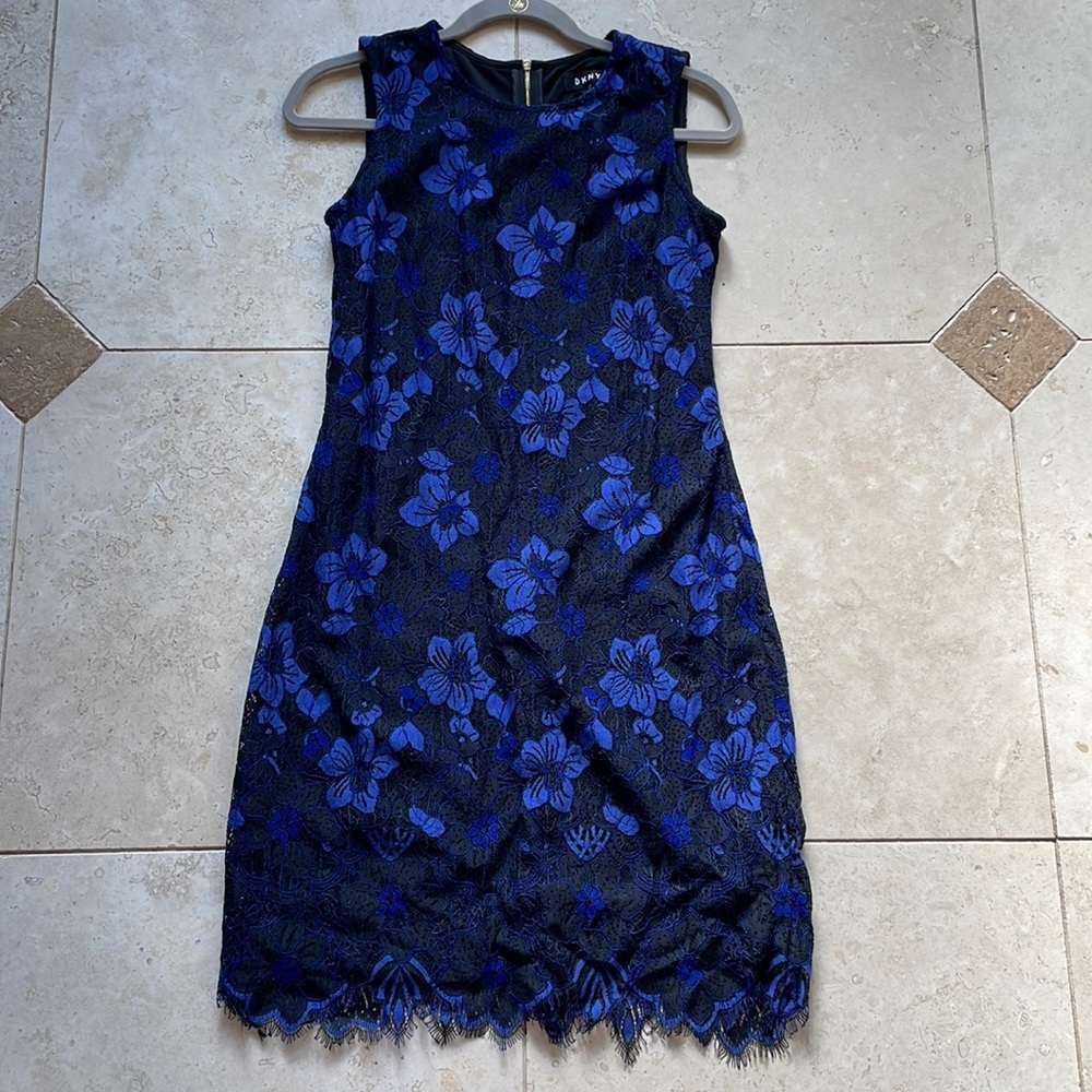 NWT DKNY Black and Purply-Blue Lace Dress Silky Spandex Lined Size 6